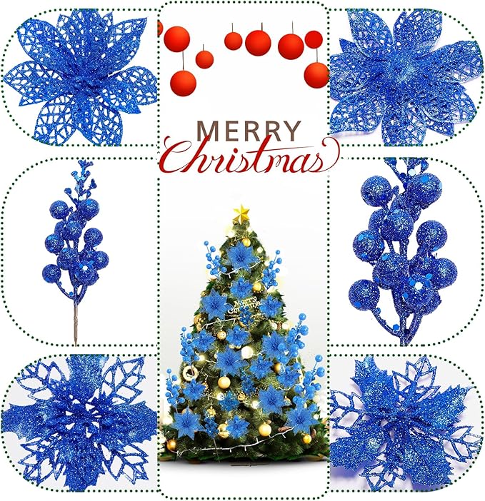 Zhuqing 22Pcs Christmas Poinsettia Artificial Flowers and Glitter Berries Stems Kit, 16Pcs Christmas Tree Flowers Ornaments and 6 Pack Christmas Tree Picks for Wedding Holiday Decorations (Royal Blue)