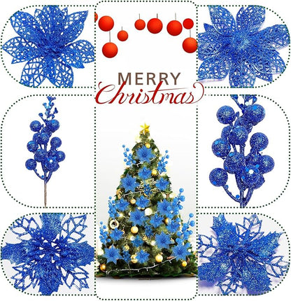 Zhuqing 22Pcs Christmas Poinsettia Artificial Flowers and Glitter Berries Stems Kit, 16Pcs Christmas Tree Flowers Ornaments and 6 Pack Christmas Tree Picks for Wedding Holiday Decorations (Royal Blue)