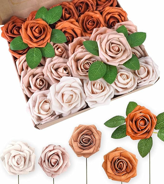 25Pcs Artificial Foam Roses 3 Inch, Terracotta Sunset Palette with Burnt Orange & Nude Shades, Realistic Flowers for DIY Boho Wedding Bouquets, Centerpieces, Fall Decor