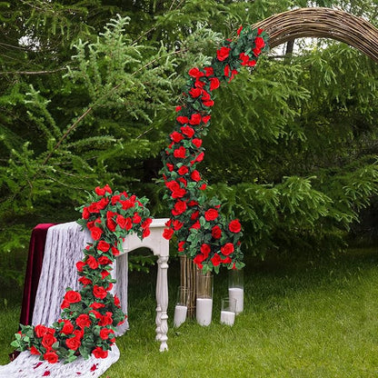 Aneco 4 Pack 32 FT Red Flower Garland Artificial Rose Vines Roses Fake Vine Flowers Plants Party Supplies for Holiday Wedding Garden Craft Art Decoration