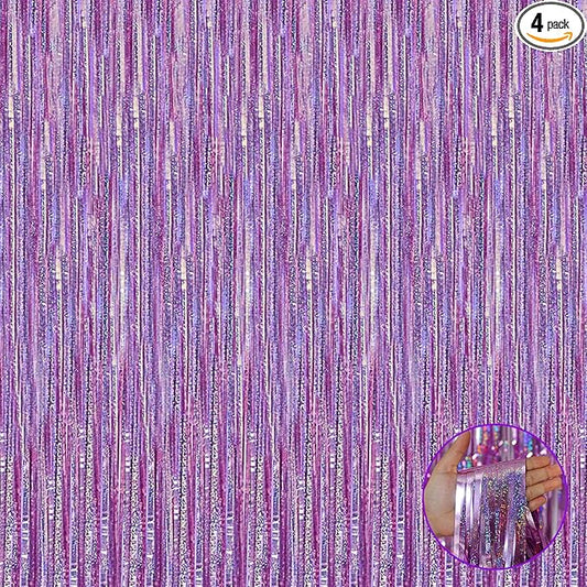4 Pack Light Purple Tinsel Foil Fringe Curtain Backdrop, 3.28Ft x 8.2Ft Metallic Streamers for Photo Booth Wedding Bridal Shower Bachelorette Birthday Halloween Christmas Party Decoration