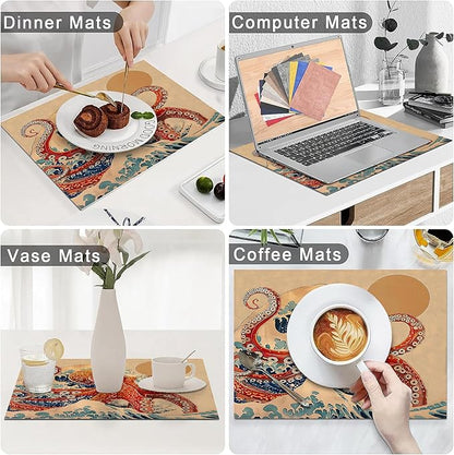 Retro Octopus Placemats Set of 6 Washable Table Vintage Japanese Wave Heat-Resistant Cotton Linen Place Mats for Dining Table Kitchen Indoor Outdoor Party Holiday Decor