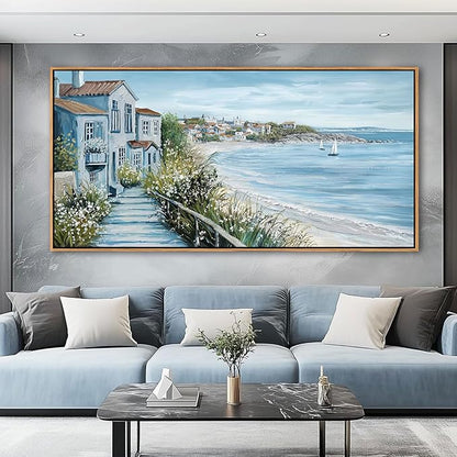 KLAKLA Coastal Decor Nautical Boat on Beach Canvas Picture Ocean Seagull Seascape Canvas Print Farmhouse Artwork for Seashore Bedroom Living Room Large Square Blue Teal 29x58 Inches
