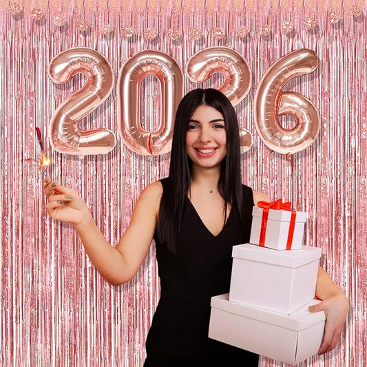 BRAVESHINE Rose-Gold Metallic Tinsel Backdrop - 2Pcs 3.2x8.2ft Metallic Tinsel Foil Fringe Curtains Photo Booth Streamers for 21-st Birthdays Bachelorette Engagement Bridal Shower Party Decorations