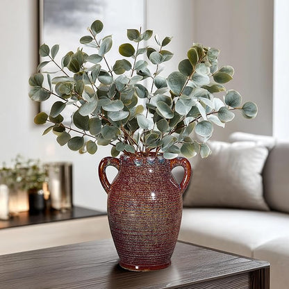 Sunddo Brown Ceramic Vase 8 Inch - Rustic Decorative Flower Vase with 2 Handles, Farmhouse Decor, Bedroom, Bathroom, Bookshelf, Mantel, Living Room Decor