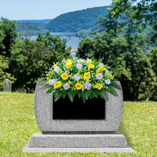Artificial Cemetery Flowers Saddle-Shaped Tombstone Decorations Non-Fading UV-Resistant（Yellow and white saddle ）