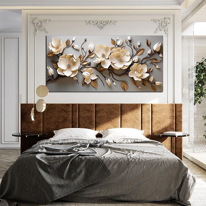 Flower Pictures Wall Art for Bedroom Modern Art Wall Decor for Bedroom White and Gold Canvas Print Wall Art Large Size 29 x 58 Inch