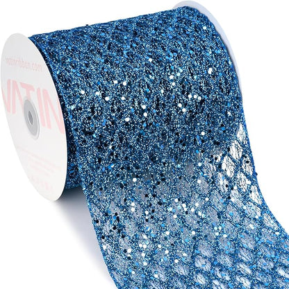 VATIN 6" Blue Christmas Ribbon, Blue Glitter Mesh Diamond Web Sequin Dots Wired Christmas Ribbon for Gift Wrapping Bow Making Wreath Supply-10 Yards