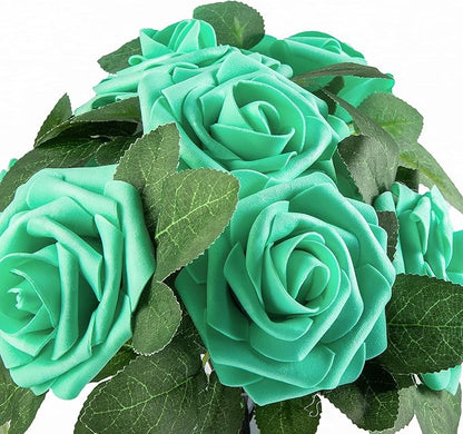 Artificial Flower Foam Rose 25pcs Real Looking Fake Rose with Stems Leaves for Home Decoration Party Garden Centerpieces DIY Wedding Bouquets（Tiffany）