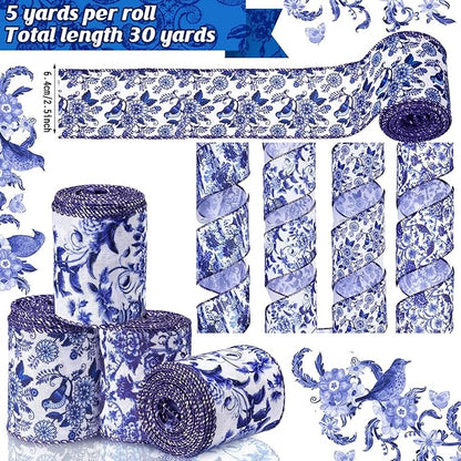 Lyrow 6 Rolls Chinoiserie Ribbon White and Blue Wired Edge Floral Ribbon Butterfly Flower Pattern Fabric Craft Wreath Bow Wrapping for Home Christmas Birthday Party Decor 2.52 Inches by 5 Yards