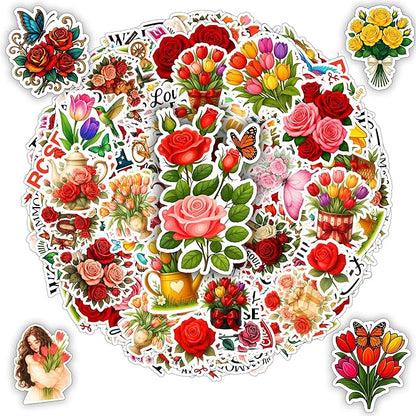 115 PCS Rose and Tulip Stickers Pack, Floral Watercolor Vinyl Waterproof Decals with Roses Tulips Hummingbirds Butterflies, Gift for Teens Adults Laptop Water Bottle Scrapbook