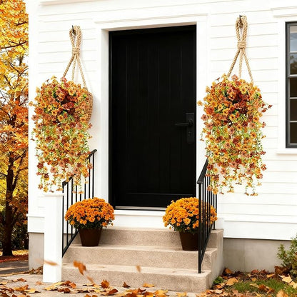 NASAMA 2PCS UVresistant Silk Artificial Flowers Realistic Daisies Hanging Porch Courtyard Window Display Store Garden Decoration Festival Outfit (Green Orange Brown)