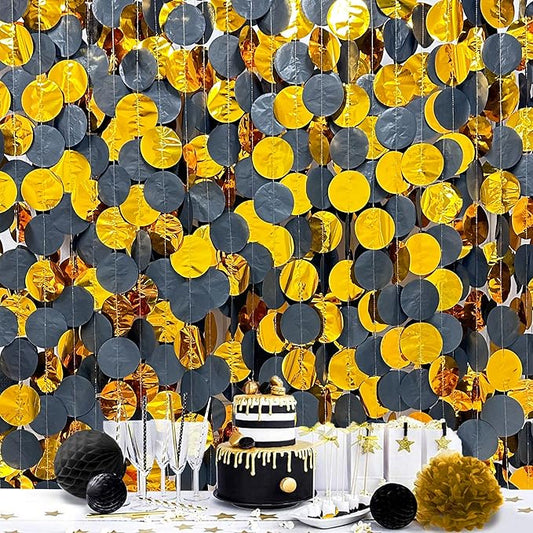 205Ft Black Gold Party Decorations Circle Dot Garland Backdrop Black Tissue Paper Gold Foil Polka Dot Streamer for Graduation Birthday Anniversary Halloween Christmas Holiday New Year Party Supplies