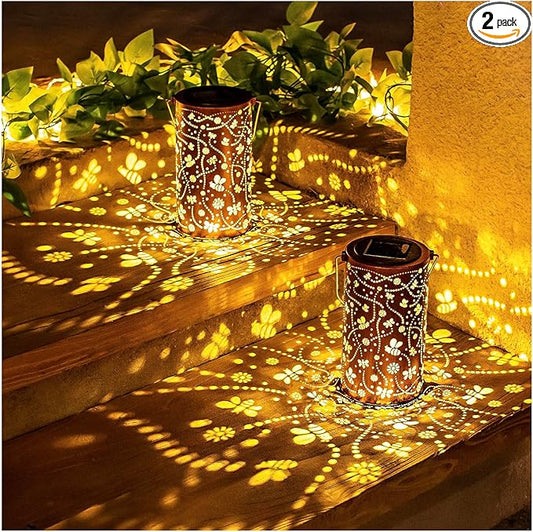 2 Pack Bee Solar Lanterns Outdoor Waterproof Hanging Solar Lights Bee Gifts for Women Men Metal Decorative LED Bee Lanterns for Garden Decor,Yard,Patio,Lawn,Tabletop,Pathway,Landscape