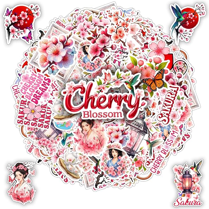 105 PCS Cherry Blossom Stickers Pack, Sakura Floral Pink Vinyl Waterproof Decals, Flower Laptop Water Bottle Scrapbook Sticker Gift for Teens Adults Birthday Christmas