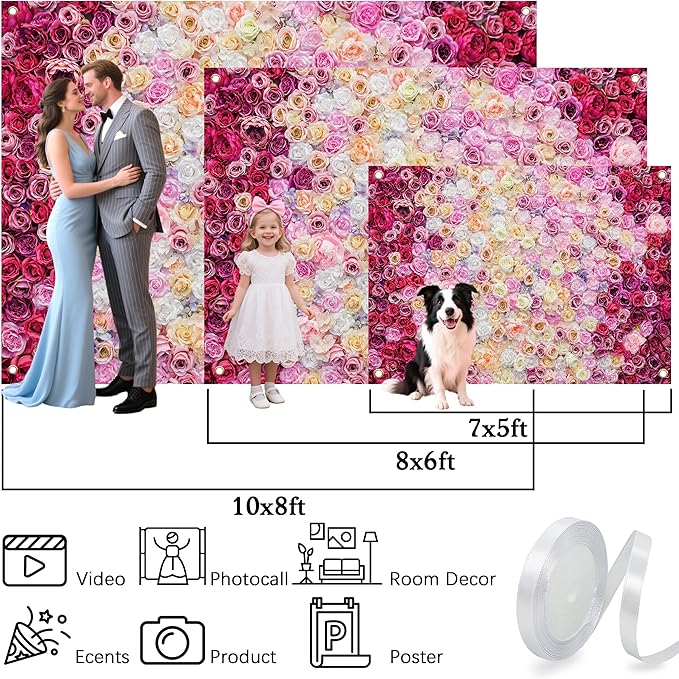 Rose Flower Wall Backdrop 10X8 ft Large Floral Photography Background for Indoor Outdoor Wedding Party Bridal Shower Baby Shower Engagement Shoot Photo Booth Decoration