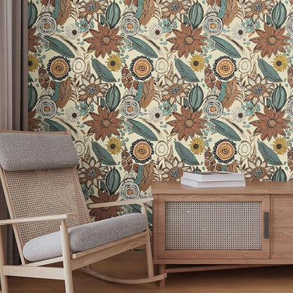 Boho Wallpaper Peel and Stick,Retro Floral Contact Paper 17.5" x 393.7", Vintage Botanical Flowers Wall Paper Self Adhesive Removable Waterproof for Walls Shelves Cabinet Table (Beige,Brown, Blue)