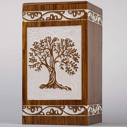 INTAJ Cremation Urn for Human Ashes - Wooden Urn Box for Ashes Handcrafted - Tree of Life Memorial Urn Funeral Cremation Urns (XL (14x7.5) 640 CuIn, Antique Rosewood Tree)