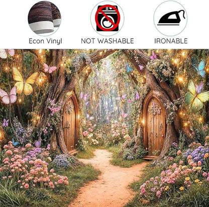 5X3ft Enchanted Forest Backdrop Fairy Tale Magic Garden Wonderland Floral Butterfly Photography Background for Kids Girls Baby Shower Birthday Party Decoration Cake Table Photo Booth Props