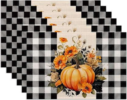 Pumpkin Plaid Placemats Set of 6,Washable Heat Resistant 12×18 Inch Linen Table Mats Fall Place Mats for Party Outdoor Dining Décor