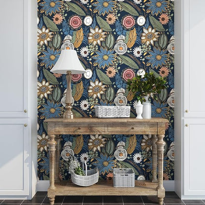 Boho Wallpaper Peel and Stick, Dark Vintage Floral Contact Paper, Retro Botanical Flower Wall Paper Self Adhesive Removable Waterproof for Walls Shelf Cabinet Table 17.5" x 78.7" (Blue,Yellow, Green)