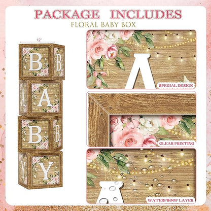 Baby Shower Decoration for Girl, Pink Rose Gold Baby Shower Party Supplies, Floral Gender Reveal Party Decor, Baby Boxes, Mom to Be Sash and Dad to Be Pin, Pink Balloon Arch Backdrop Tablecloth