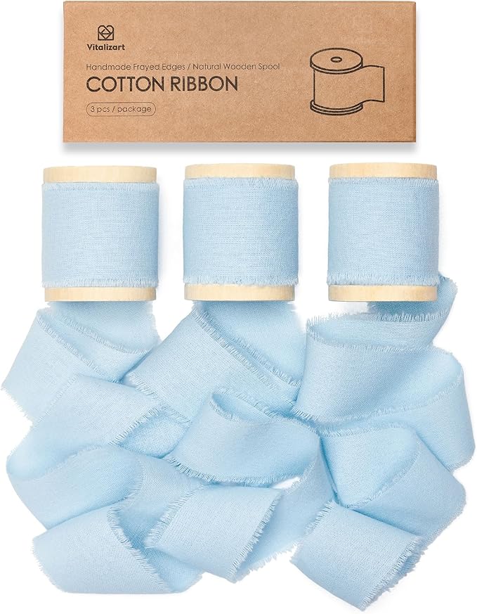 Vitalizart Baby Blue Ribbon 1-1/2" x 15 Yd 100% Cotton Handmade Frayed Fringe Fabric Ribbons for Gift Wrapping Wedding Invites Bridal Shower Bouquets Christmas Decorations