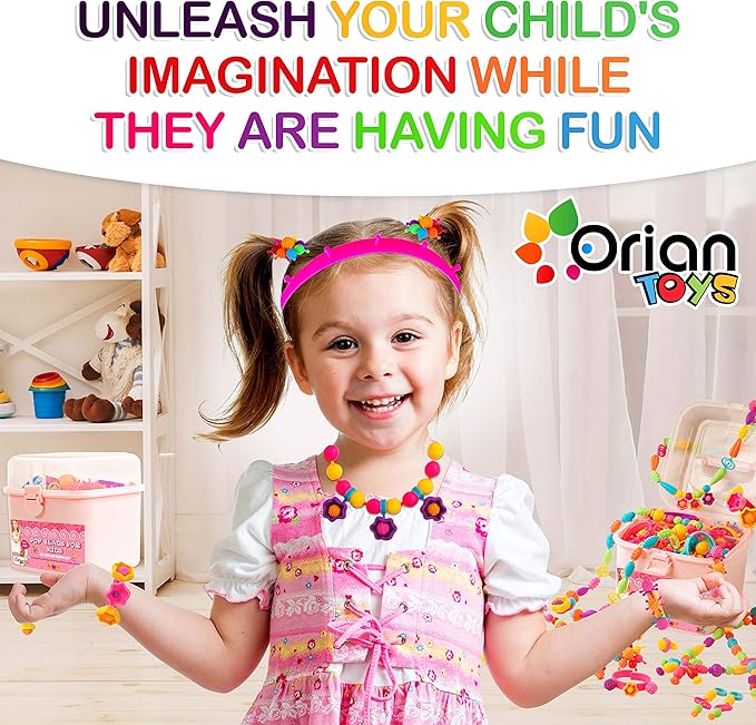 Orian Pop Beads Jewelry Kit for Girls – 550+ Colorful Snap Beads to Create Bracelets, Necklaces & Rings, Fun DIY Set with Unicorn Gift Bag, Ages 3+
