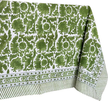 ATOSII Paradise Green 100% Cotton Rectangle Summer Tablecloth, Handblock Floral Print Linen Table Cloth for Kitchen Dining I Parties, Weddings, Outdoors, 60 X 108 Inches I 8 Seater