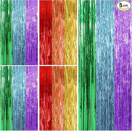 5 Pack Rainbow Party Backdrop Streamers Decorations Colorful Foil Fringe Curtains Metallic Tinsel Backdrop for Birthday First Day of School Engagement Baby Shower Christmas Holiday Party Decor