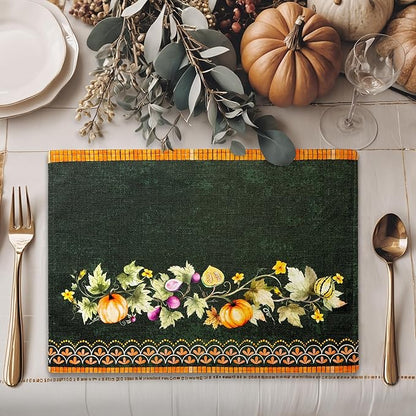 Maison d' Hermine Placemats Set of 4 100% Cotton Washable Cloth Place Mats, Reusable Table Mats for Thanksgiving Christmas Decorations Kitchen Dining Party (Pumpkin Garden - Dark Green, 13" x 19")