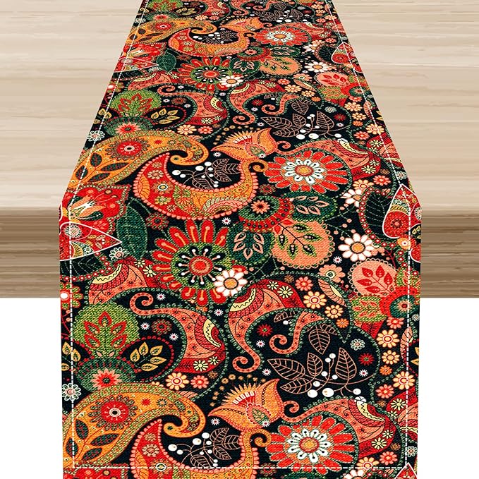 Vintage Paisley Table Runner, Colorful Retro Damask Antique Floral Flower Boho Damask Swirled Print Table Center Decor for Family Kitchen Table Decorations Indoor Outdoor 13x108 inch