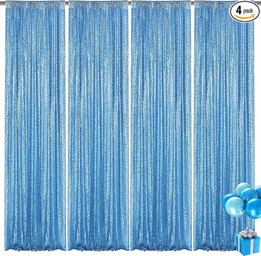 Blue Sequin Backdrop Curtain 4 Pieces 2FTx8FT Glitter Photography Backdrop for Party Wedding Birthday Christmas Decorations