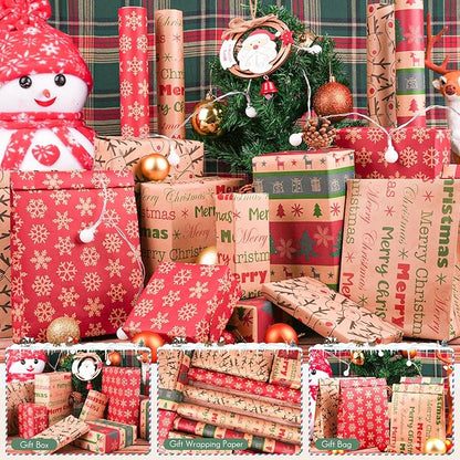 Happypapa Christmas Wrapping Paper, Kraft Xmas Wrapping Paper Rolls - Snowflakes, Reindeer, Gift and Merry Christmas Pattern - 4 Rolls - 17 Inch × 120 Inch Per Roll