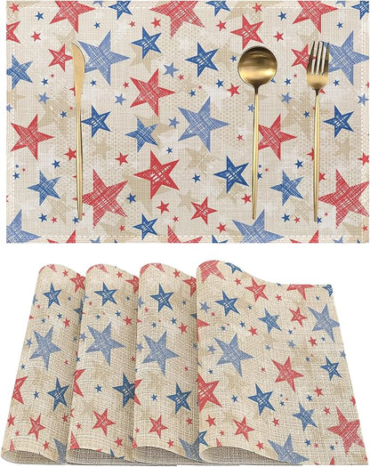 Patriotic Placemats Set of 4, Colorful American Stars Linen Place Mats Heat Resistant Non-Slip Washable Table Mats for Dining Kitchen Party Decor 12"x18"