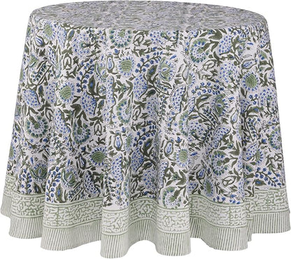 ATOSII Clover Blue 100% Cotton Round Boho Fall Tablecloth, Handblock Floral Table Cloth Linen for Kitchen Dining I Parties Outdoors Christmas Thanksgiving Fall Home Decor 72" Inches Round I 4-6 Seater