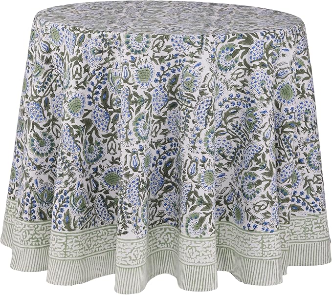 ATOSII Clover Blue 100% Cotton Round Boho Fall Tablecloth, Handblock Floral Table Cloth Linen for Kitchen Dining I Parties Weddings Outdoors Christmas Thanksgiving I 90" Inches Round I 6-8 Seater