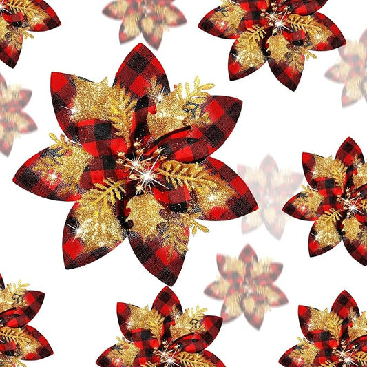 36 Pcs Christmas Glitter Artificial Poinsettia Flowers Xmas Poinsettia Artificial Wedding Flowers Decorations Xmas Tree Ornaments with Clips for Party, 6 Inch, 4 Inch, 3 Inch(Red, Black, Gold)