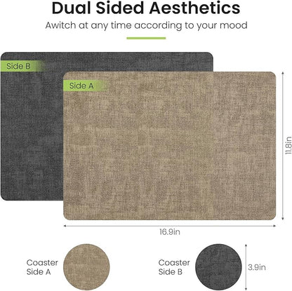 Placemats Set of 6, Faux Leather Heat Resistant Wipeable Placemats, Dual Sided Waterproof Washable Table Mats with Coaster, Suitable for Kitchen, Dining, Table Decor (6, Black Light Coffee)
