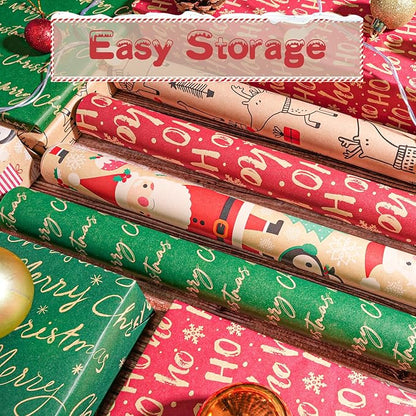 Happypapa Christmas Wrapping Paper, Kraft Xmas Wrapping Paper Rolls - Santa Claus, Gift, Reindeer and Merry Christmas Pattern - 4 Rolls - 17 Inch × 120 Inch Per Roll