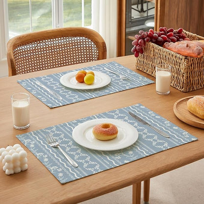 LilyCat Linen Fabric Blue Floral Placemats, Stripes Durable Boho Dining Table Mats for Kitchen, Rustic Vintage Washable Place Mats Set of 4, 18’’× 12’’