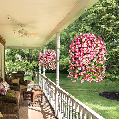 Artificial Faux Hanging Flowers Basket for Spring Summer Outdoor Porch Decor, Fake Silk Colorful Morning Glory Eucalyptus in Planter UV Resistant Look Real for Home Patio Balcony Yard(Pink)