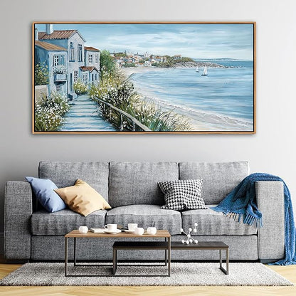 KLAKLA Coastal Decor Nautical Boat on Beach Canvas Picture Ocean Seagull Seascape Canvas Print Farmhouse Artwork for Seashore Bedroom Living Room Large Square Blue Teal 24x48 Inches