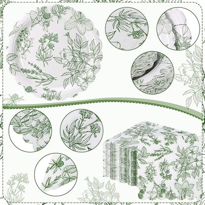 Havawish 400 Pcs Sage Green Disposable Tableware Set Greenery Floral Paper Plates Napkins Sage Serve Scalloped Plates Paper Napkins Cups Plastic Spoons Forks Knives for Wedding Tea Party Baby Shower
