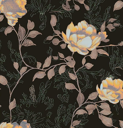 Black Orange Floral Peel and Stick Wallpaper Flowers Contact Paper 17.5"x118" Self Adhesive Waterproof Vintage Dark Floral Wall Paper for Shelf Liner Cabinet Decor