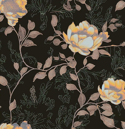 Black Orange Floral Peel and Stick Wallpaper Flowers Contact Paper 17.5"x118" Self Adhesive Waterproof Vintage Dark Floral Wall Paper for Shelf Liner Cabinet Decor