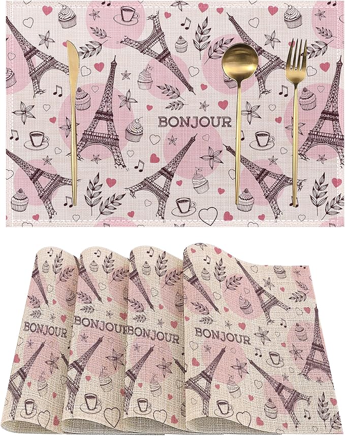 Funny Paris Tower Placemats Set of 4, Sweet Cakes Place Mats Non-Slip Heat Resistant Washable Placemat for Party Kitchen Dining Table Decoration Indoor Outdoor 12x18 Inch