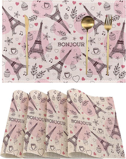 Funny Paris Tower Placemats Set of 4, Sweet Cakes Place Mats Non-Slip Heat Resistant Washable Placemat for Party Kitchen Dining Table Decoration Indoor Outdoor 12x18 Inch