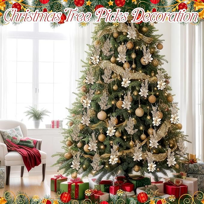 18 Pack 3 Styles 17 Inch Christmas Glitter Poinsettia Berry Stems Ornaments Artificial Floral Branches Picks for Christmas Tree Home Vase Holiday Party Decor(Champagne)
