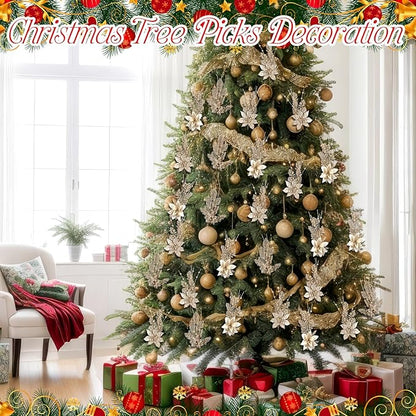 18 Pack 3 Styles 17 Inch Christmas Glitter Poinsettia Berry Stems Ornaments Artificial Floral Branches Picks for Christmas Tree Home Vase Holiday Party Decor(Champagne)